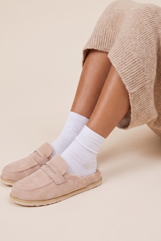 Beige Faux Suede Faux Fur Lined Loafer Mules - Brynn