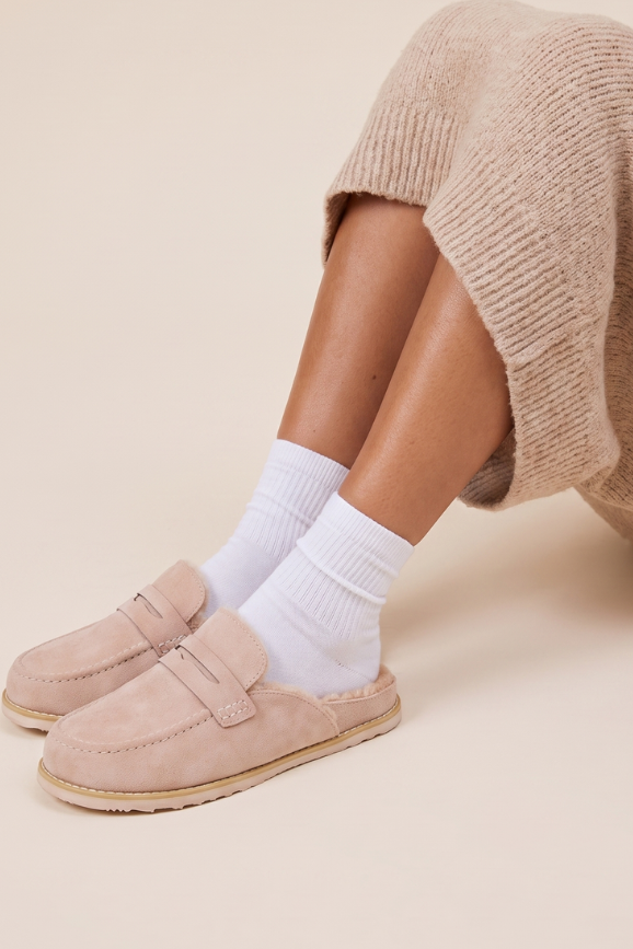 Beige Faux Suede Faux Fur Lined Loafer Mules - Brynn
