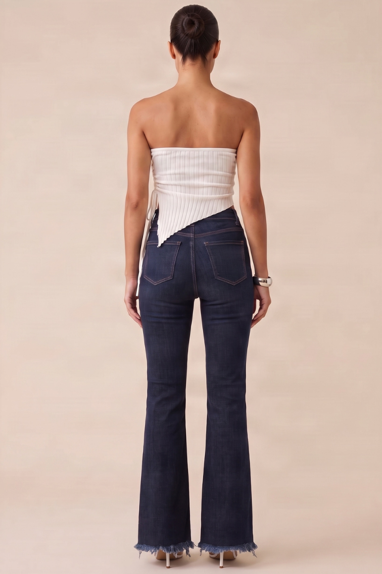 Indigo Stretch Denim Frayed Hem Flare Leg Jeans - Carys