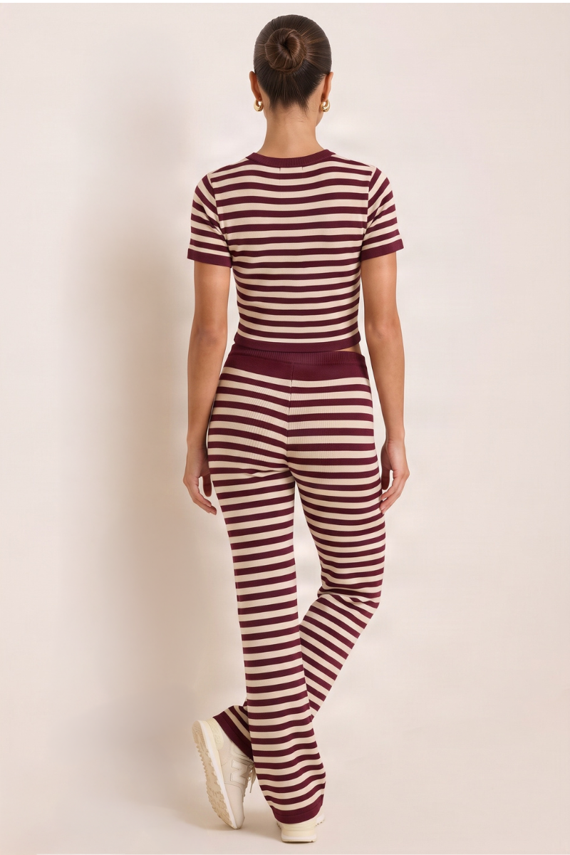 Wine Stripe Short Sleeve Knit Top and Flare Trousers Loungewear Co-ord Set - Kardie