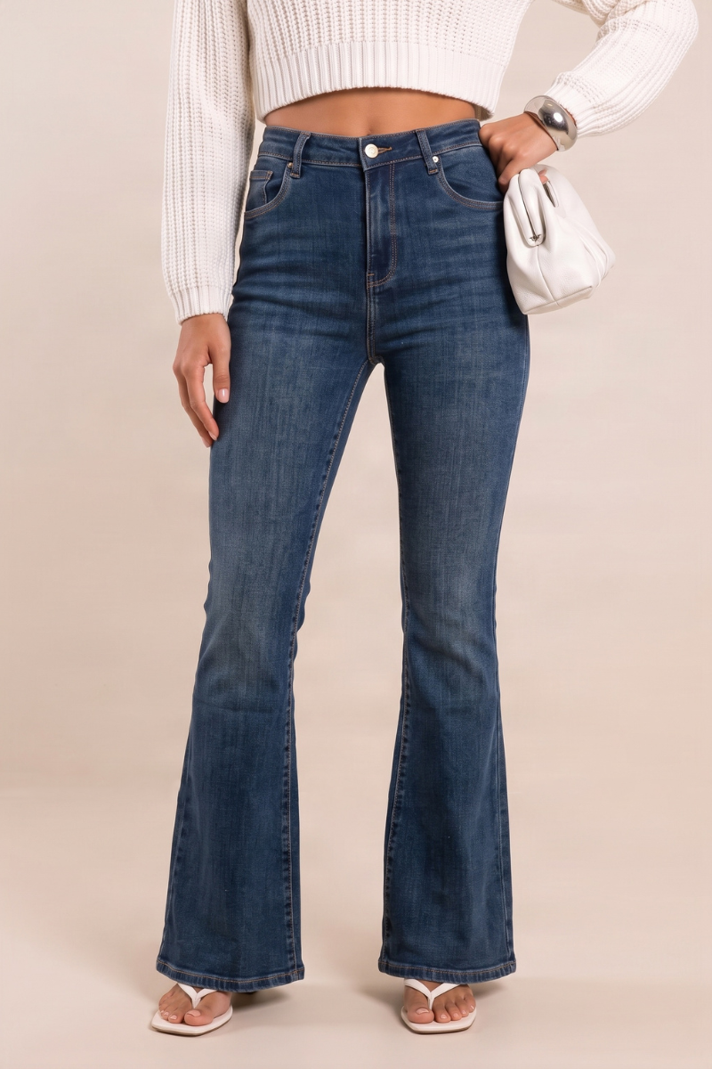 Mid Blue Washed Stretch Denim Flare Leg Jeans - Dawson