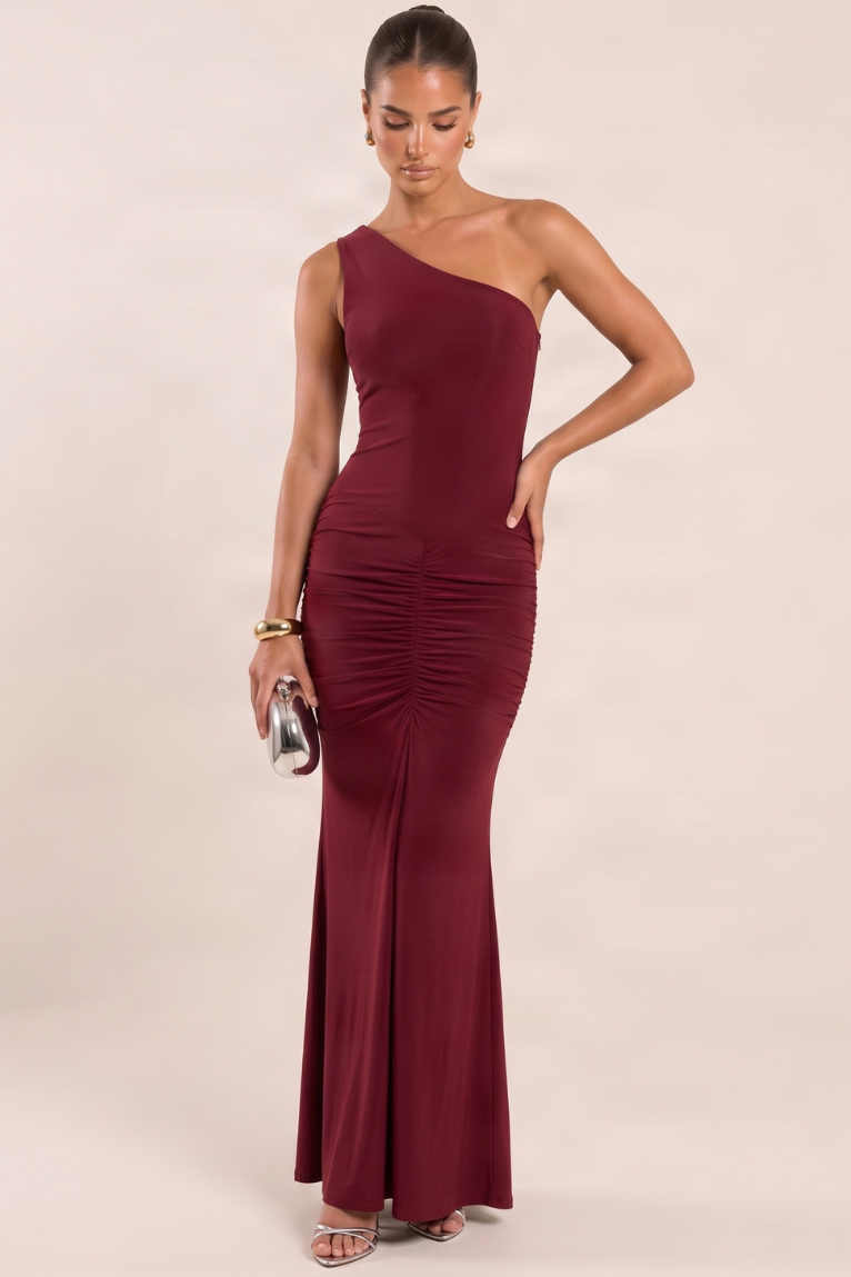 Wine Slinky One Shoulder Ruched Maxi Dress - Lorie