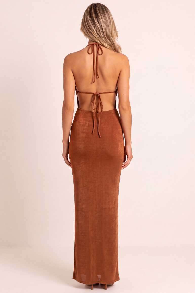 Bronze Textured Slinky Draped Top and Maxi Skirt Co-ord Set - Preena