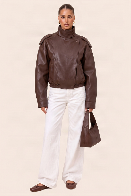 Chocolate Faux Leather Funnel Neck Oversized Bomber Jacket - Deanna