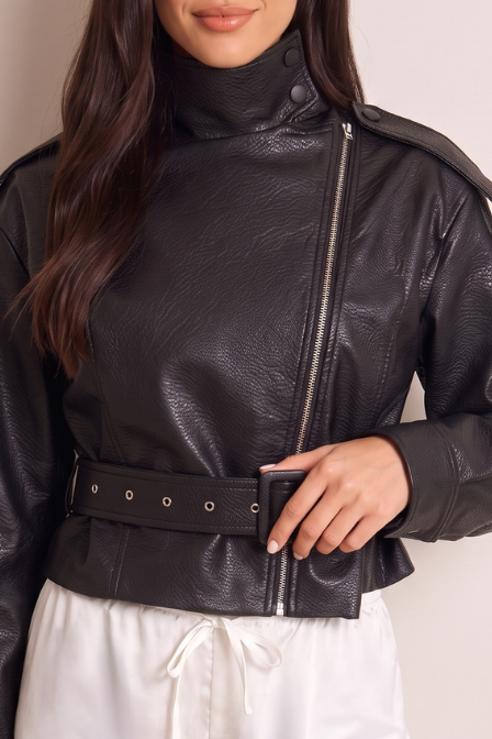 Black Faux Leather Funnel Neck Belted Jacket - Gerri