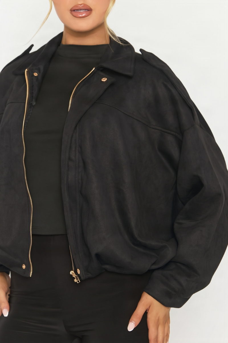 Black Suede Bomber Jacket - Imane