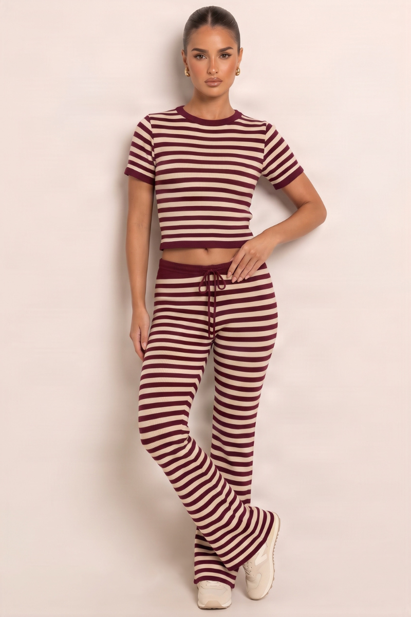 Wine Stripe Short Sleeve Knit Top and Flare Trousers Loungewear Co-ord Set - Kardie