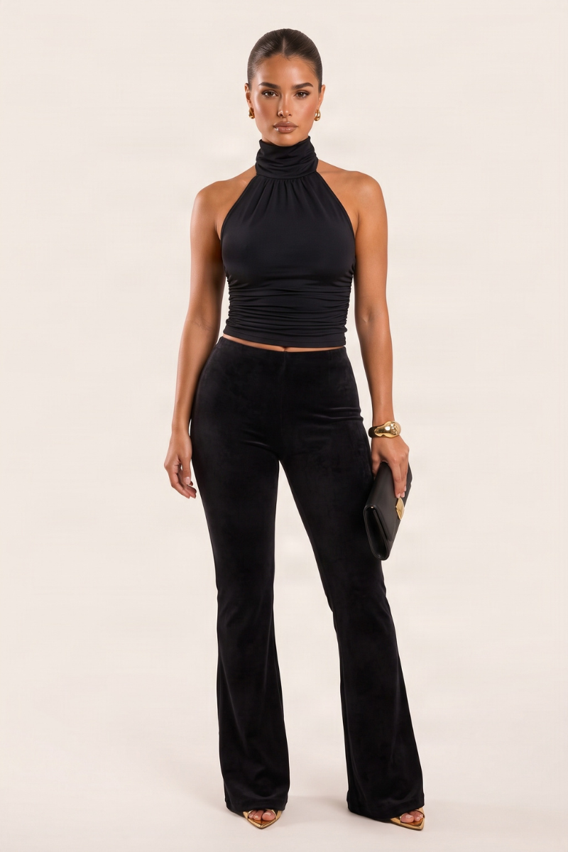 Black High Neck Halter Ruched Top - Mariah
