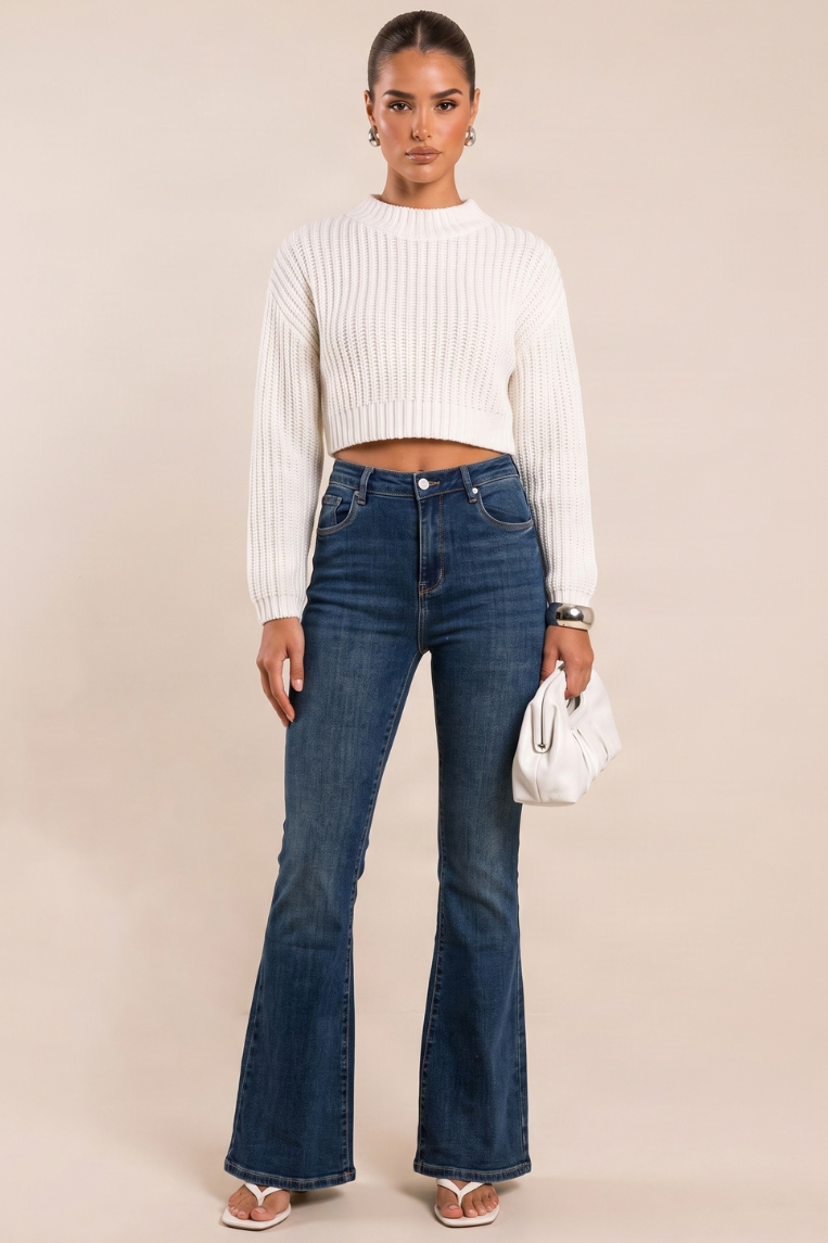 Mid Blue Washed Stretch Denim Flare Leg Jeans - Dawson