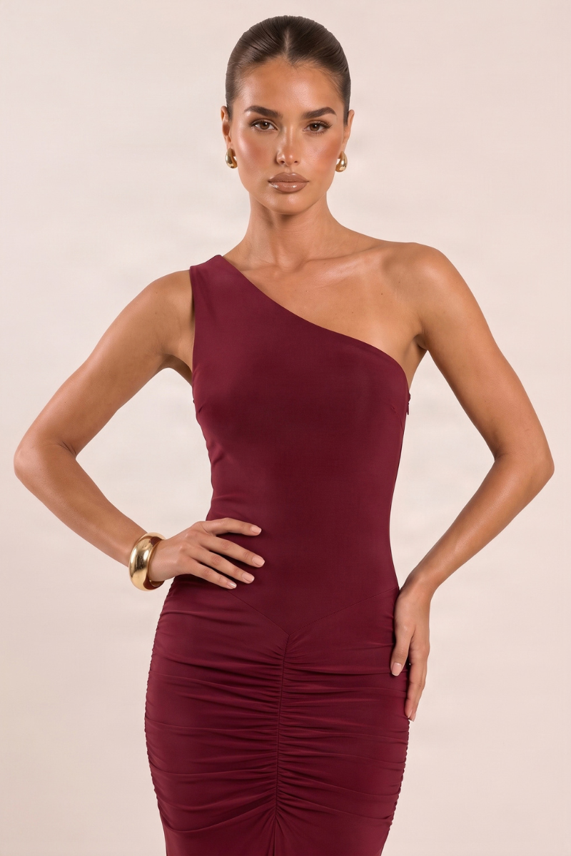 Wine Slinky One Shoulder Ruched Maxi Dress - Lorie