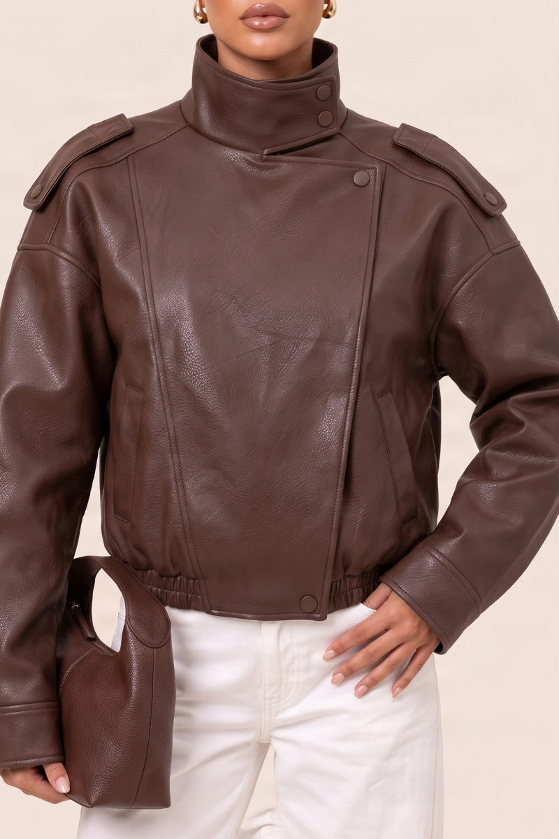 Chocolate Faux Leather Funnel Neck Oversized Bomber Jacket - Deanna