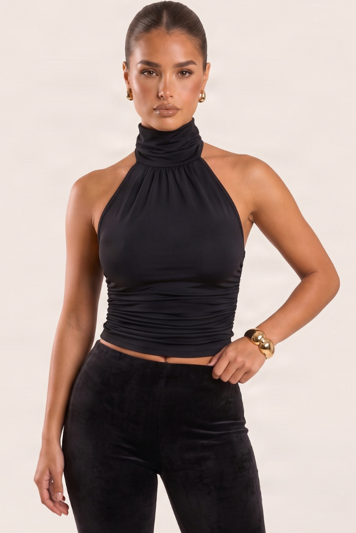 Black High Neck Halter Ruched Top - Mariah