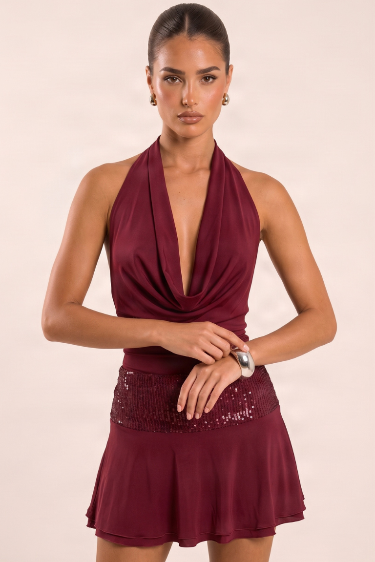 Wine Slinky Cowl Neck Plunge Sequin Band Skater Dress - Mercedes