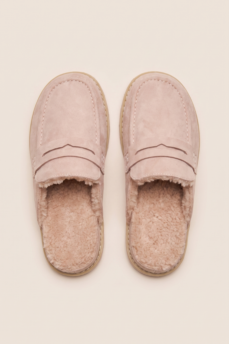 Beige Faux Suede Faux Fur Lined Loafer Mules - Brynn