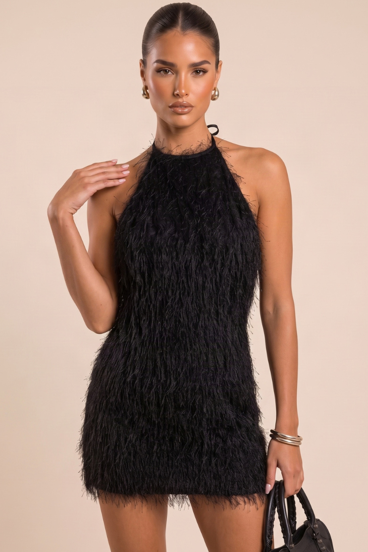 Black Fluffy Halterneck Mini Dress - Flynn