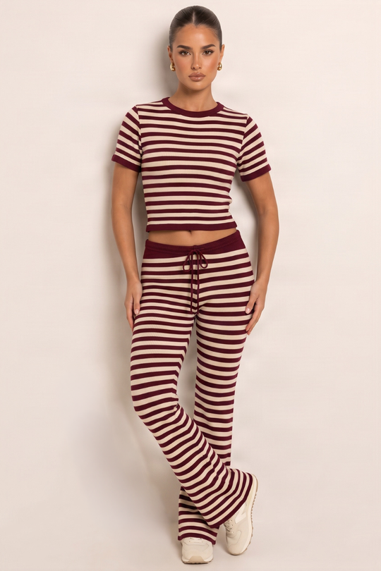 Wine Stripe Short Sleeve Knit Top and Flare Trousers Loungewear Co-ord Set - Kardie