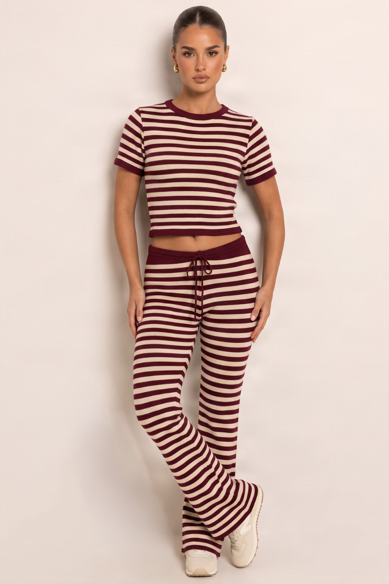 Wine Stripe Short Sleeve Knit Top and Flare Trousers Loungewear Co-ord Set - Kardie