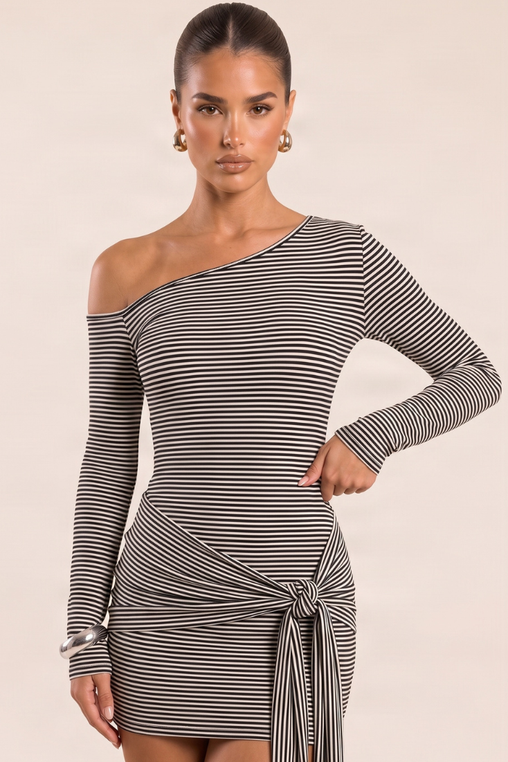 Black Stripe Off Shoulder Flare Sleeve Tie Drape Mini Dress - Naara