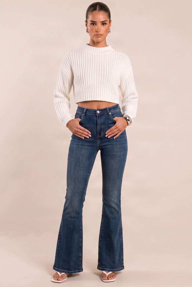 Mid Blue Washed Stretch Denim Flare Leg Jeans - Dawson