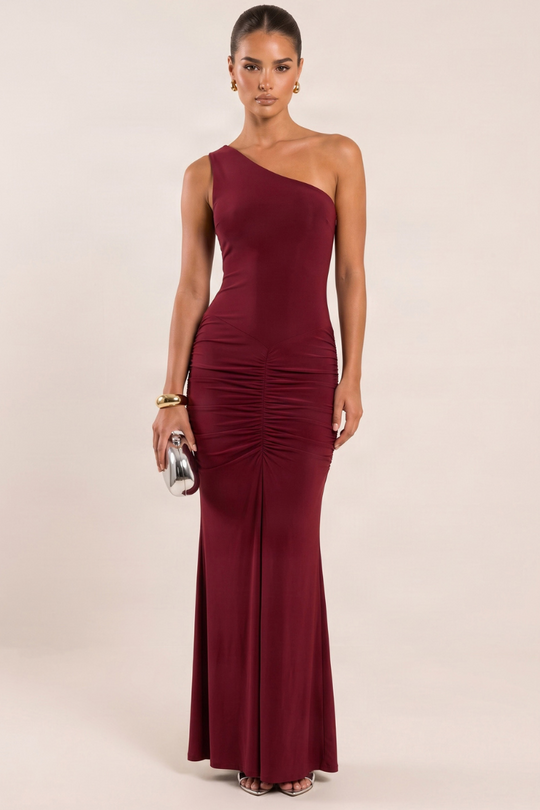 Wine Slinky One Shoulder Ruched Maxi Dress - Lorie