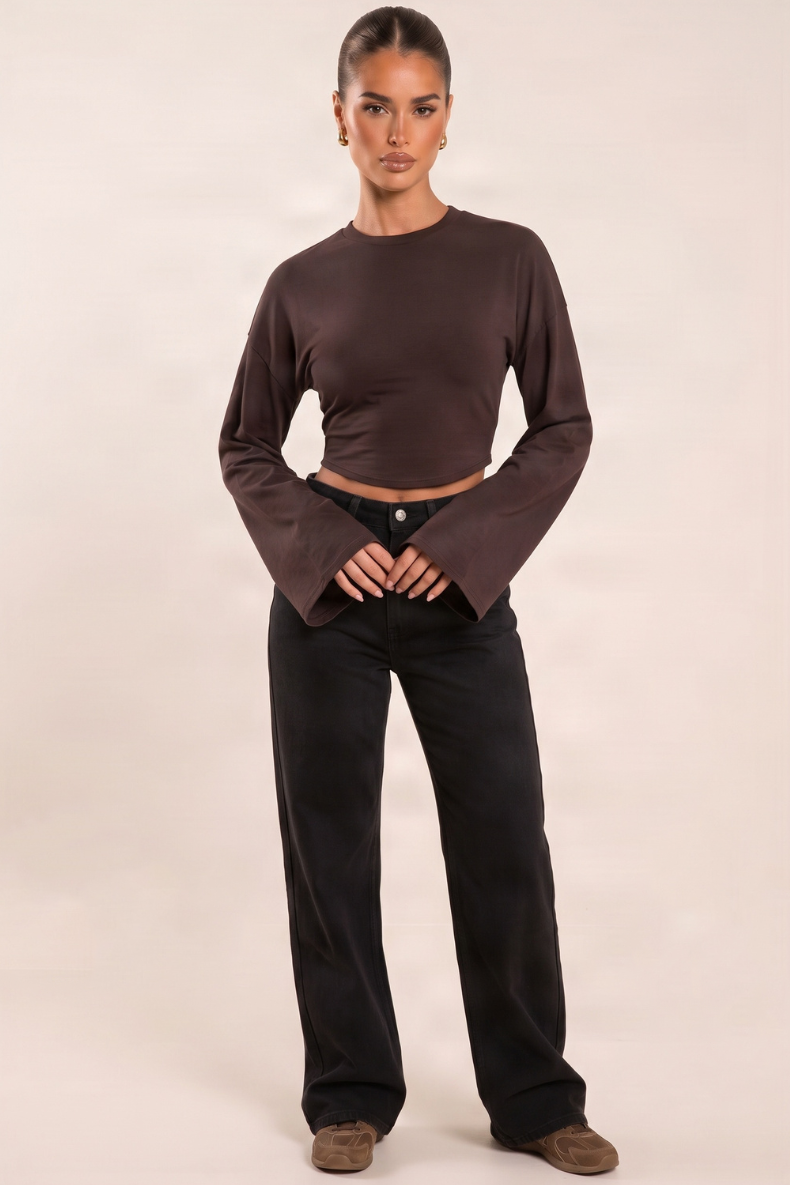 Chocolate Cinched Waist Long Sleeve Top - Myah