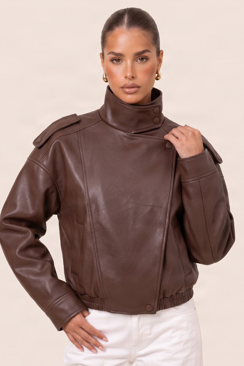 Chocolate Faux Leather Funnel Neck Oversized Bomber Jacket - Deanna