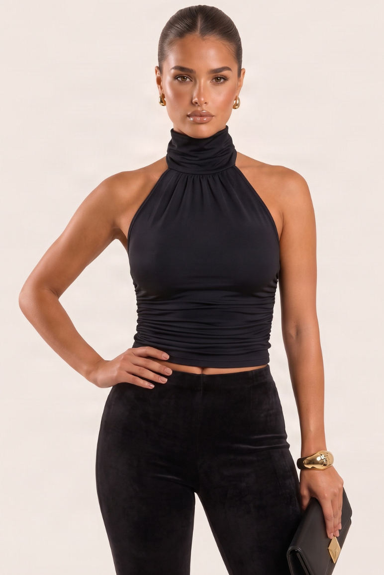 Black High Neck Halter Ruched Top - Mariah