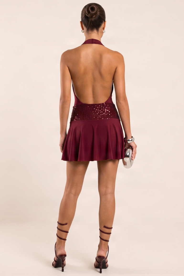 Wine Slinky Cowl Neck Plunge Sequin Band Skater Dress - Mercedes