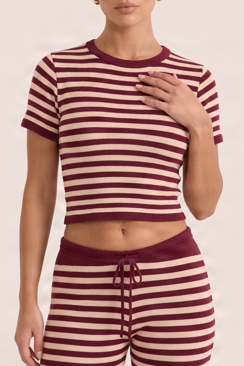 Wine Stripe Short Sleeve Knit Top and Flare Trousers Loungewear Co-ord Set - Kardie