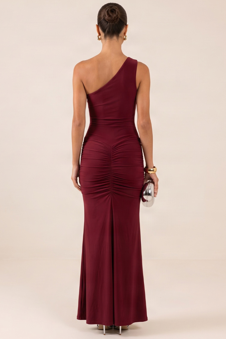 Wine Slinky One Shoulder Ruched Maxi Dress - Lorie