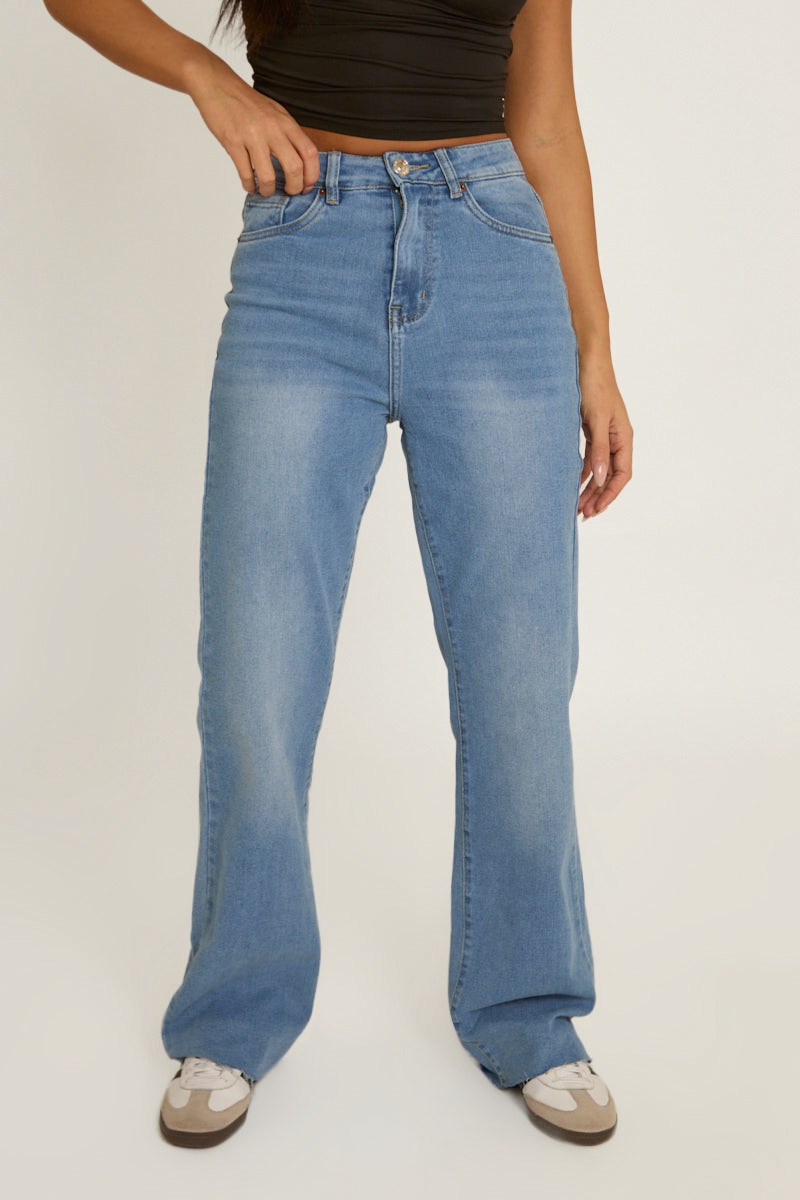 Blue Stretch Straight Leg Frayed Hem Jeans - Scarlett