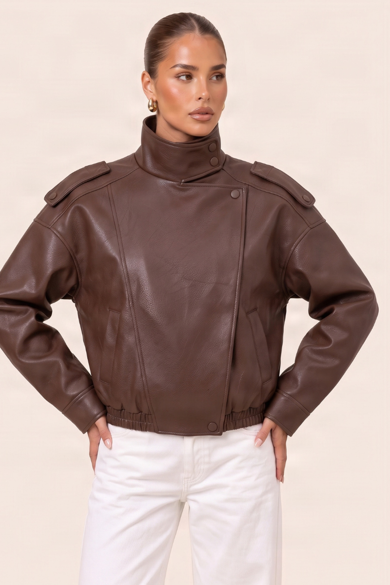 Chocolate Faux Leather Funnel Neck Oversized Bomber Jacket - Deanna