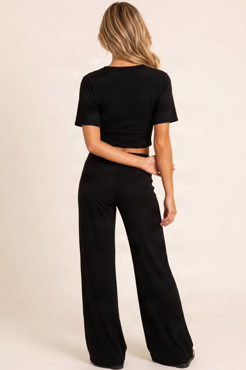 Black Brushed Soft Touch Cinched T-shirt And Trouser Loungewear Co-ord Set - Albertina