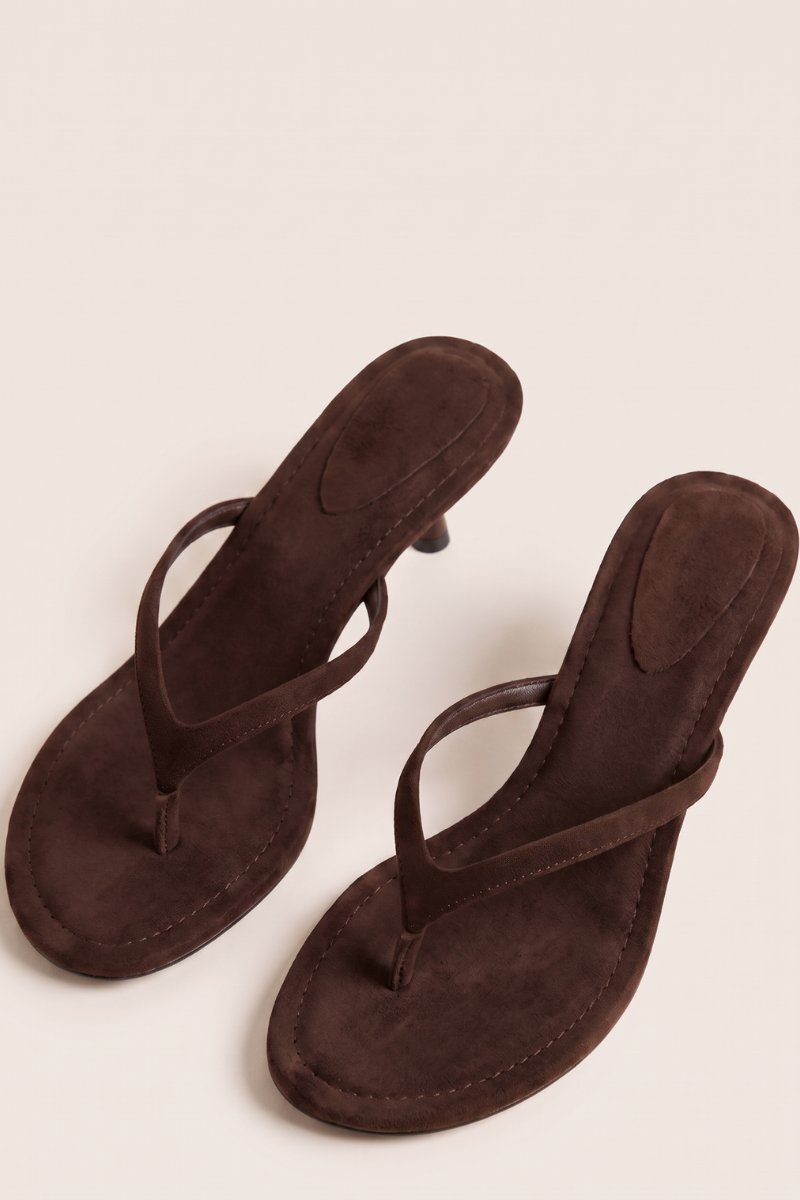 Chocolate Faux Suede Thong Strap Kitten Heel Mule - Waverly