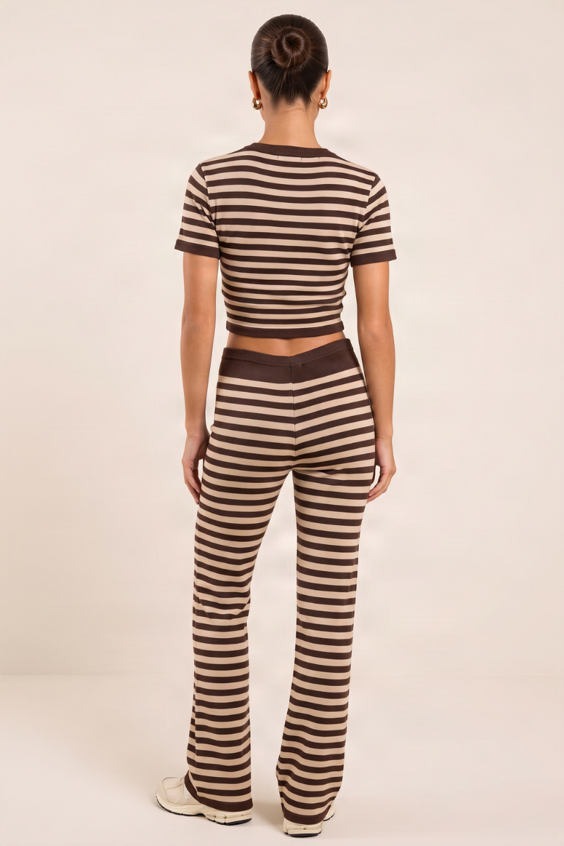 Chocolate Stripe Short Sleeve Knit Top and Flare Trousers Loungewear Co-ord Set - Kardie