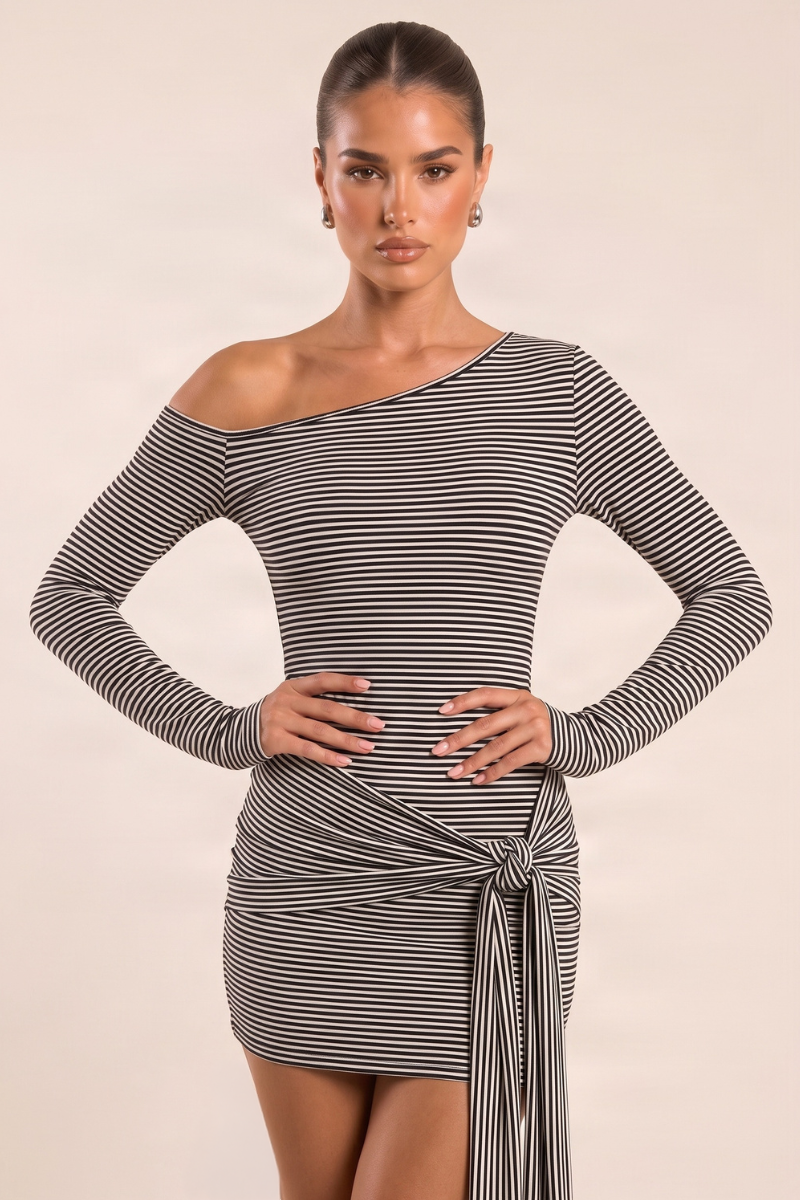 Black Stripe Off Shoulder Flare Sleeve Tie Drape Mini Dress - Naara