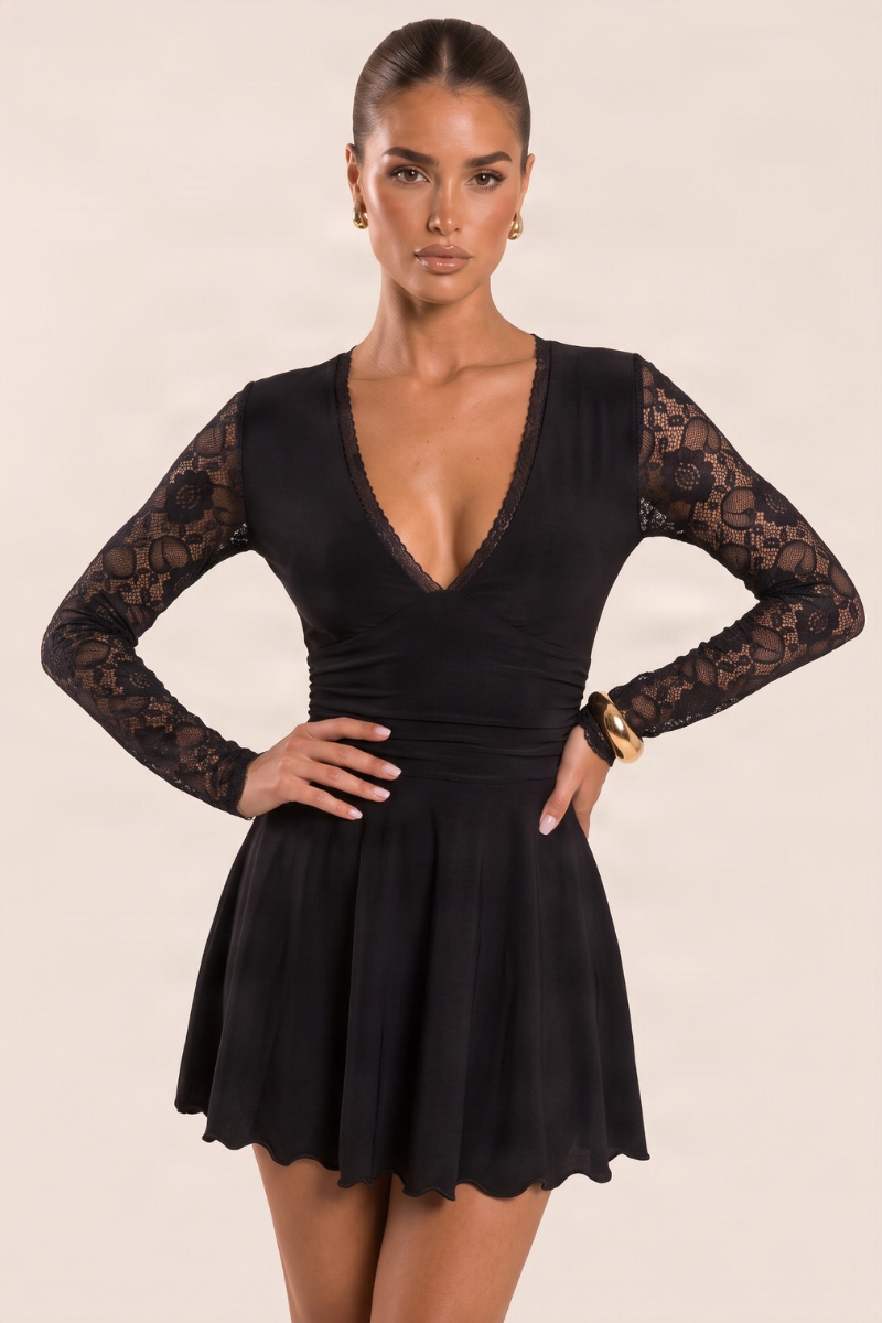 Black Slinky Lace Sleeve Floaty Skater Mini Dress - Bryson
