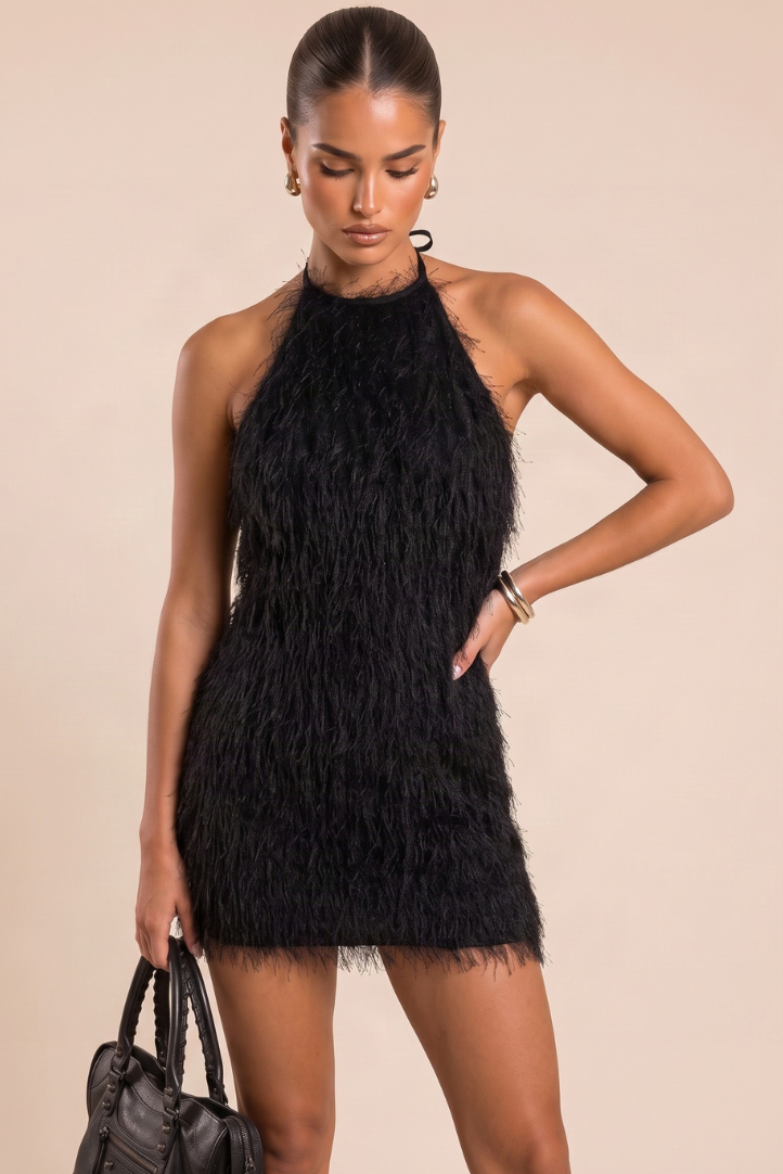 Black Fluffy Halterneck Mini Dress - Flynn