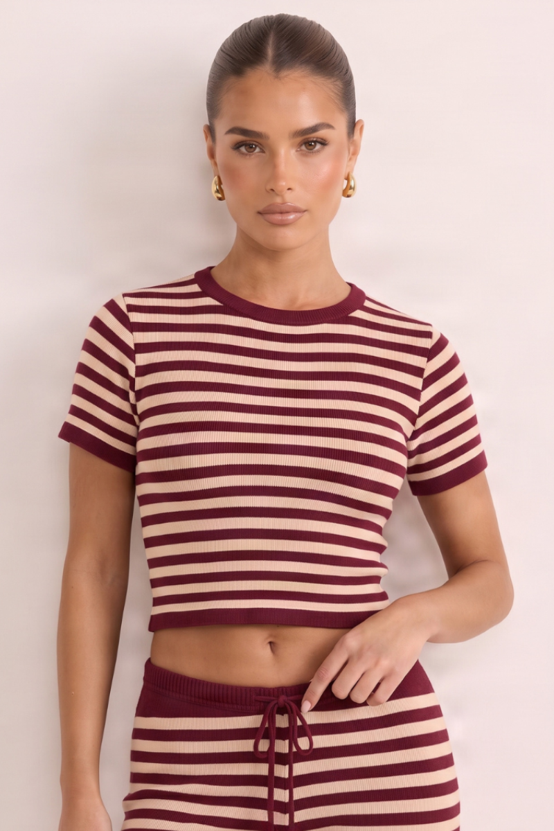Wine Stripe Short Sleeve Knit Top and Flare Trousers Loungewear Co-ord Set - Kardie