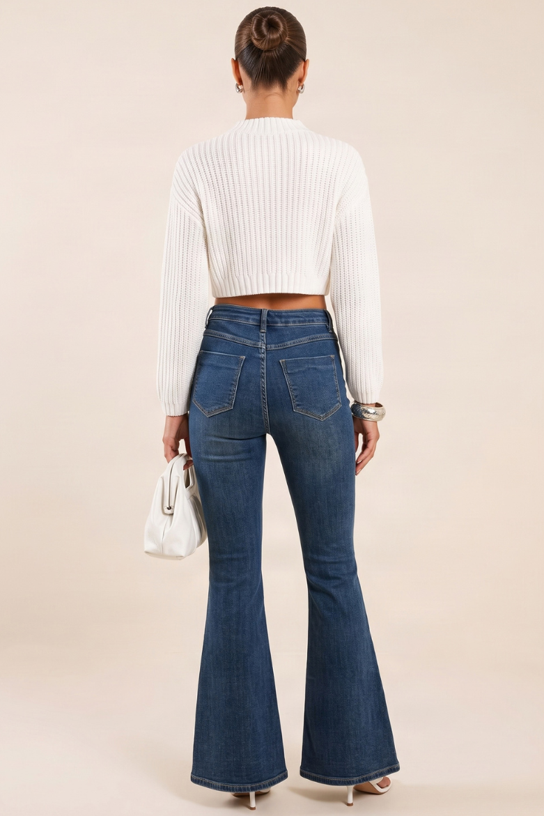 Mid Blue Washed Stretch Denim Flare Leg Jeans - Dawson