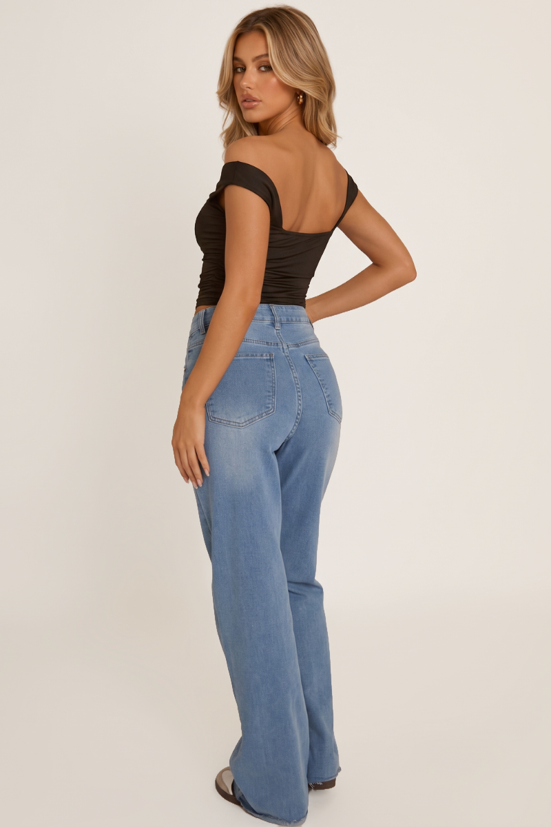 Blue Stretch Straight Leg Frayed Hem Jeans - Scarlett