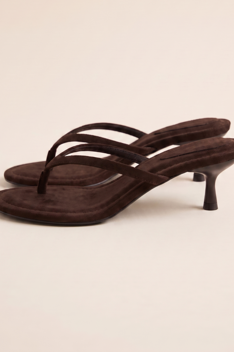 Chocolate Faux Suede Thong Strap Kitten Heel Mule - Waverly