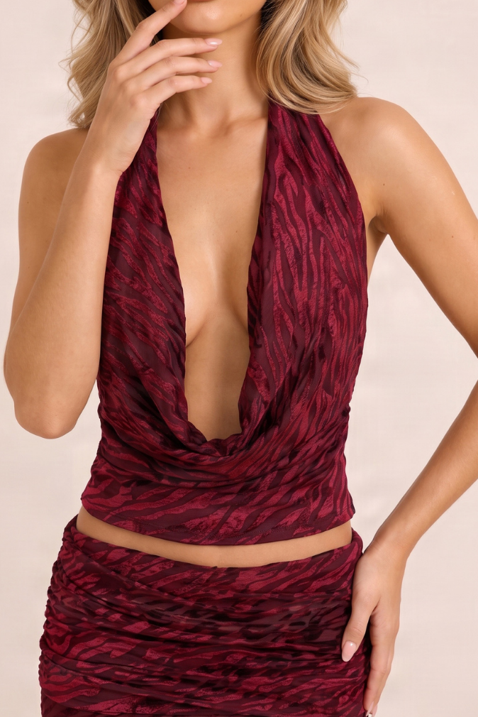 Wine Velvet Zebra Devore Cowl Halter Top and Maxi Skirt Co-ord Set - Gerry