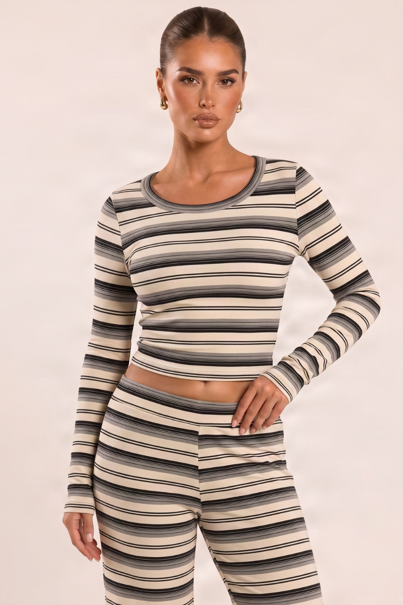 Cream Striped Top and Trouser Loungewear Co-ord Set - Simran