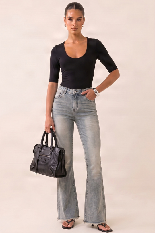 Light Blue Vintage Washed Stretch Denim Frayed Hem Flare Leg Jeans - Carys