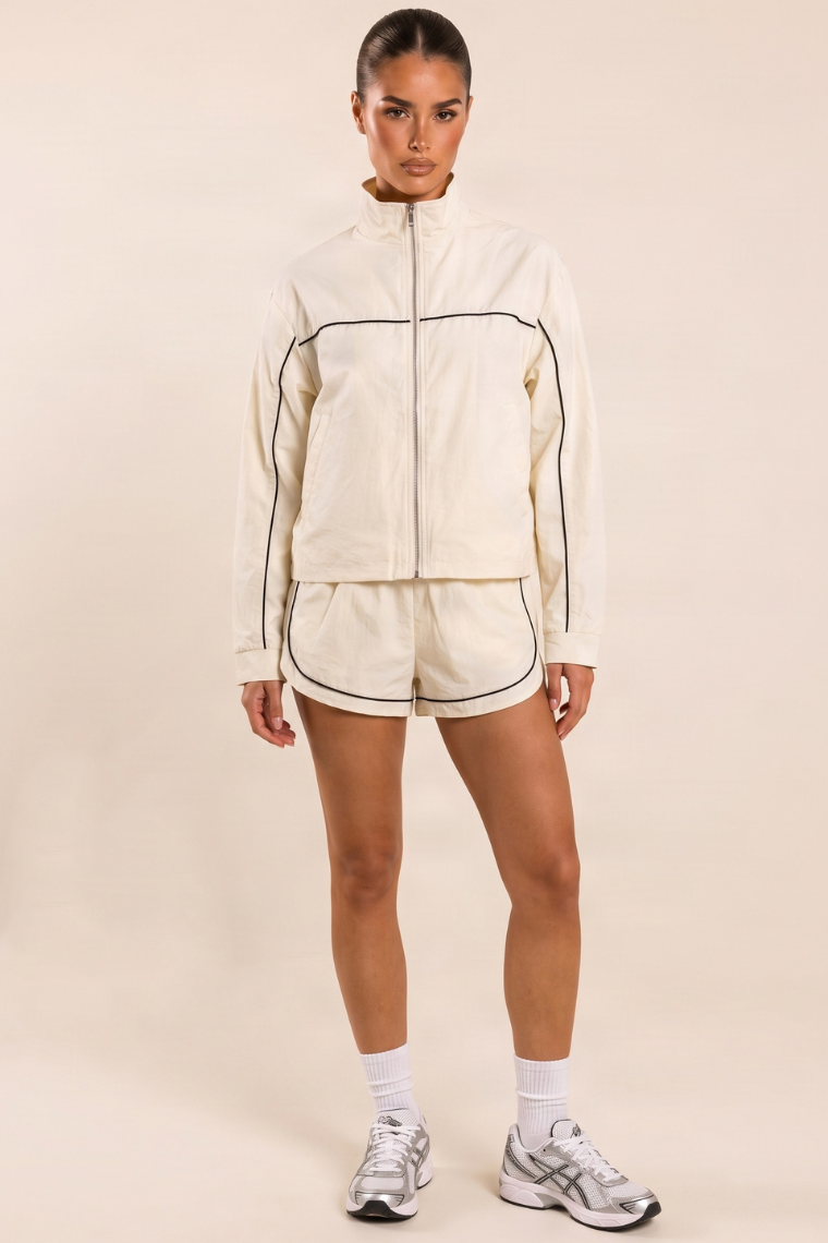Cream Contrast Piping Track Jacket and Shorts Co-ord Set - Victoria