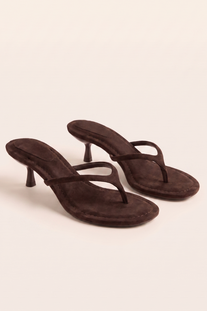 Chocolate Faux Suede Thong Strap Kitten Heel Mule - Waverly