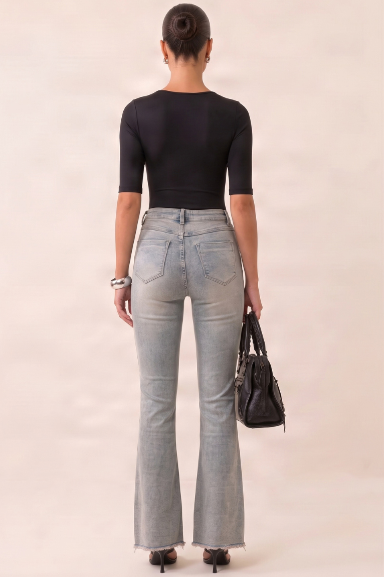 Light Blue Vintage Washed Stretch Denim Frayed Hem Flare Leg Jeans - Carys