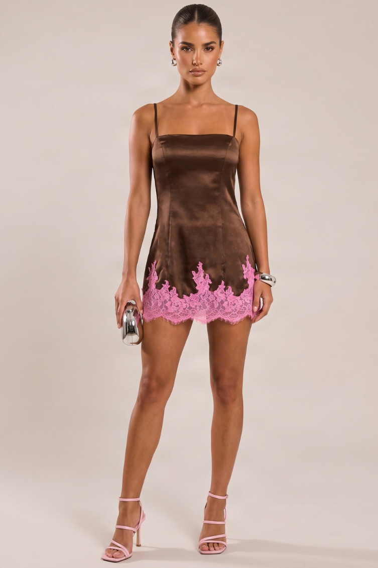Chocolate Contrast Lace Trim Slip Mini Dress - Fleur