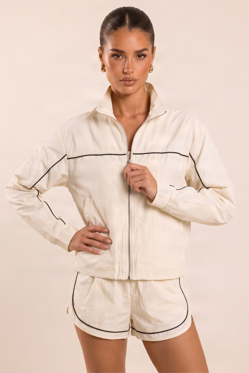 Cream Contrast Piping Track Jacket and Shorts Co-ord Set - Victoria